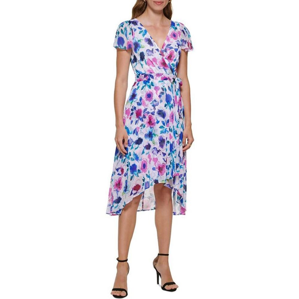 DKNY Floral Wrap Dress - Blue, Pink, Purple